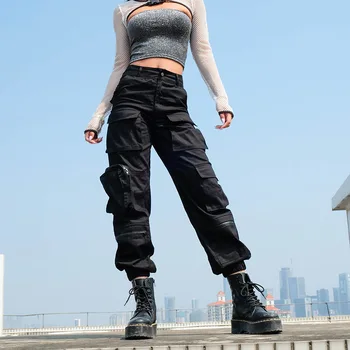 Sweetown Black Cargo Püksid Naiste Mood 2020 Taskud Segast Hipi Püksid Võltsitud Lukuga Puuvillane Kõrge Vöökoht Streetwear Püksid