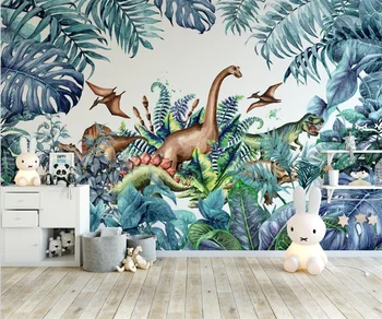 Põhjamaade stiilis käsitsi maalitud troopiliste taimede cartoon dinosaurus vanus laste tuba taust seina tapeet 3d tapeet