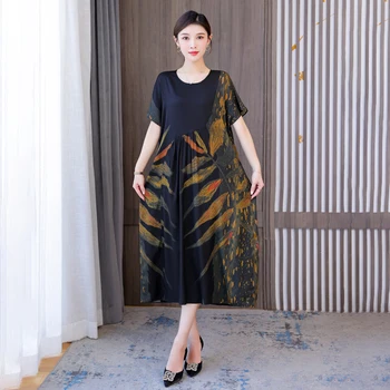 Naiste Lilleline Mulberry Silk O-Kaeluse Midi Kleit Suvel Lühikesed Varrukad Elegantne Kleit 2022 Korea Vintage Hepburn Pool Kleit