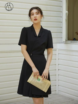 DUSHU Office Daam Sobiks V-Kaeluse, Lühikeste varrukatega Kleit Naiste Suvel 2021 Uue prantsuse Retro Must Kleit Riided Naistele