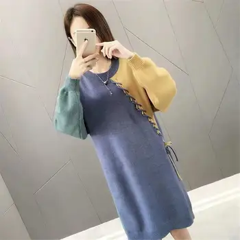 Naiste O-Kaeluse Lühike Värviga Kleit Juhuslik Põletatud Varrukad 2021 korea Naine Split Plisseeritud Kleit