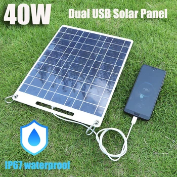 40W päikesepaneel 5V Dual USB Polükristalset Kaasaskantav Väljas Veekindel Solar Cell, Auto, Laev, Telkimine, Matkamine, Reisimine mobiiltelefoni Laadija