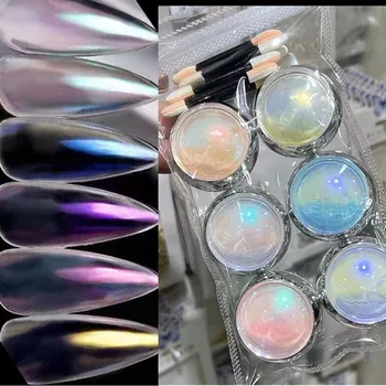 6Jars/set Aurora Peegel Küünte Glitter Pulber Sillerdav Holograafiline 3g*6tk Komplekt Chrome ' i Pigment Merineitsi Peegel Maniküür Tolmu 202-9