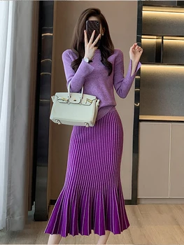 Varasügisel korea Fashion ümber Kaela Pikkade varrukatega Kootud Kampsun Slim Naiste Seelik Merineitsi Kahe-osaline Komplekt Pullover Top 2022