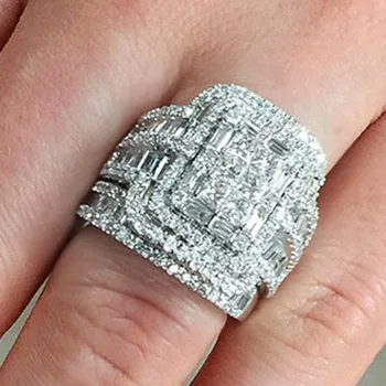 Võlu Naiste Valge Kivi Ring Crystal Komplekt Luksus Suur Hõbe Värvi Pulm Rõngad Naiste Vintage Pruudi Square Engagement Rõngad