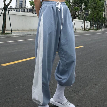 Naiste Kõrge Vöökoht Pingutusnöör Püksid Valge Sinine Kontrasti Lahti Sörkimine Püksid Vabaaja Püksid Naiste Korea Streetwear Kolledži Stiilis