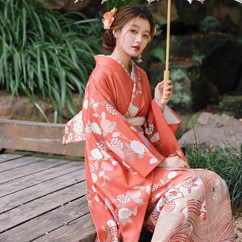 Jaapani Traditsioonilise Pika Varruka Traditsiooniline Kimono Vintage Stiil Orange Värvi Õie Pildid Yukata Cosplay Kandma Foto Kleit
