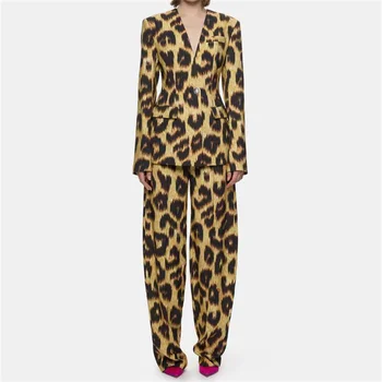 Kevadel 2023New Naistel Kaks Tööd Varustus Leopard Printida Moe Ülikond Püksid Komplekti Suur Nimi Naiste Jakk Pikad Varrukad Top Coat y2k