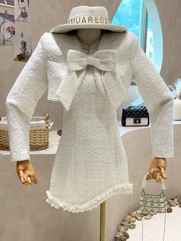 2022 Sügis-Talve Uus Naiste Tweed Kaks Tükki, Komplekti Väikeste Lõhnaaine Vibu Lühike Jope Mantel + Ebaregulaarne Traksid Mini Kleit Ülikond