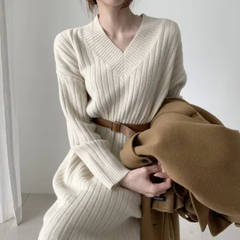 Puuvillane V-Kaeluse Paks Soe Pollover 2021 Vabaaja Sügisel Korea Jumper Kleidid, Silmkoelised Naine Talve Kampsun Kleit Naiste Tahke Uus