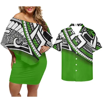 HYCOOL Kvaliteetne Polüester Maha Õla Samoa Tribal Roheline Kleit Naiste Custom Logo Polüneesia Paaride Sobitamine Särk Kleidid