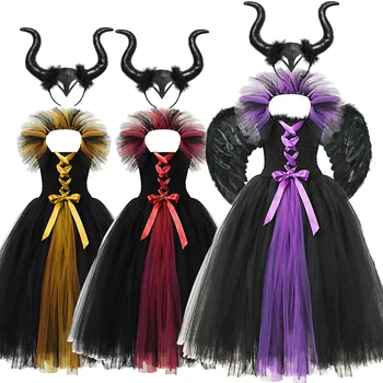 Halloween Kostüüm Lapsed Maleficent Must Kurat Tutu Kostüüm Gooti Tüdrukud Väljamõeldud Tutu Kleit Sulg Salli Cosplay Kostüüm
