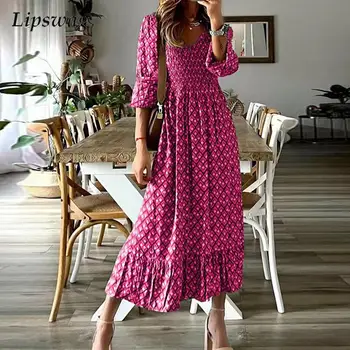 2022 Suvel Elegantne Muster Prindi Beach Kleit Naiste Mood V Kaela Plisseeritud Kleit Office Lady Vintage Lühikese Varrukaga Kleidid Ruffle