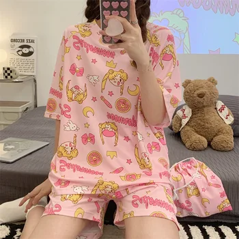 Kawaii Pyjama Naiste Pidžaama Komplekt Suvel 2 Tükki Homewear Anime Pijama Harajuku Nightgowns Koos Hoiustamise Kott Kingitus Roomwear Sobib