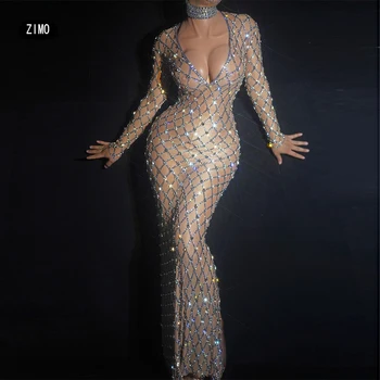 seksikas rhinestone kleit crystal näha läbi võre partei klubi sünnipäeva varustus naiste kõnniteed drag queen riided staadiumis täitmiseks