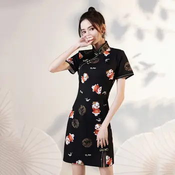 Must Vintage Cheongsam Kaasaegne Idamaine Stiilis Kleidid, Lühikesed Varrukad Mini Qipao Traditsiooniline Hiina Kleit Seksikas Lõhik Lady Kleit