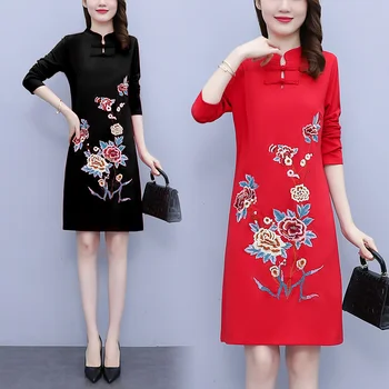 Etnilise Stiili Tikandid 2022 Qipao Naiste Vintage Hiina Kleit Kaasaegne Parandada Naiste Slim Cheongsam Tang Ülikond Uus Must Punane