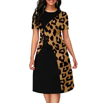 Casual Suvine Kleit Leopard Printida Segast Lühikesed Varrukad Kontrast Värvi Kleit Elegantne Pidu