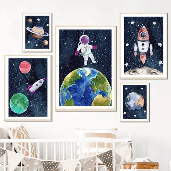 Akvarell Astronaut Raketi Planeedi Ufo Kosmoses Plakatid Ja Pildid Seina Art Lõuend Maali Pilte Kids Poiss Magamistuba Decor